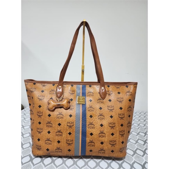 MCM Handbags - Authentic MCM Visetos Striped Shopper Tote Bag Cognac